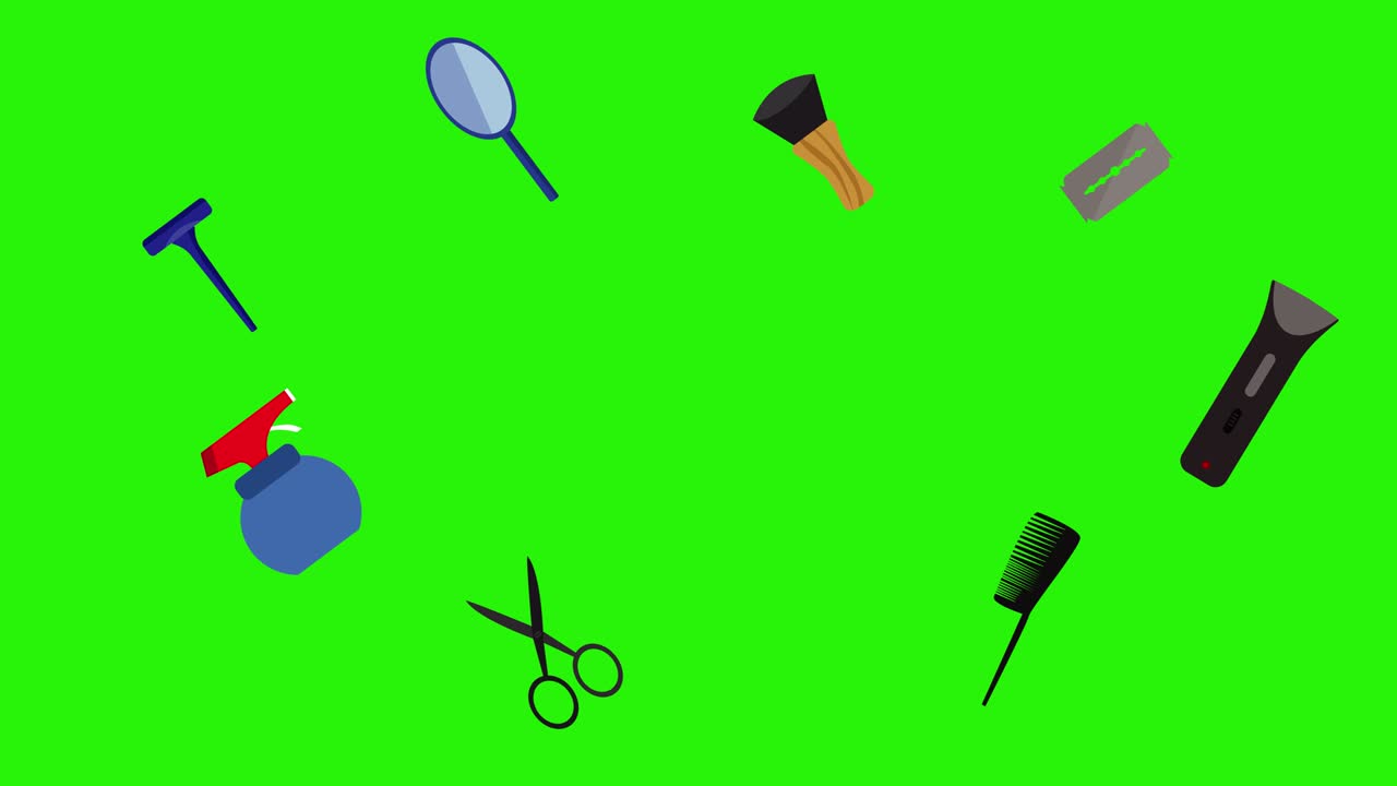 이발점 도구 평평한 요소 녹색 화면에서 애니메이션 크로마 키