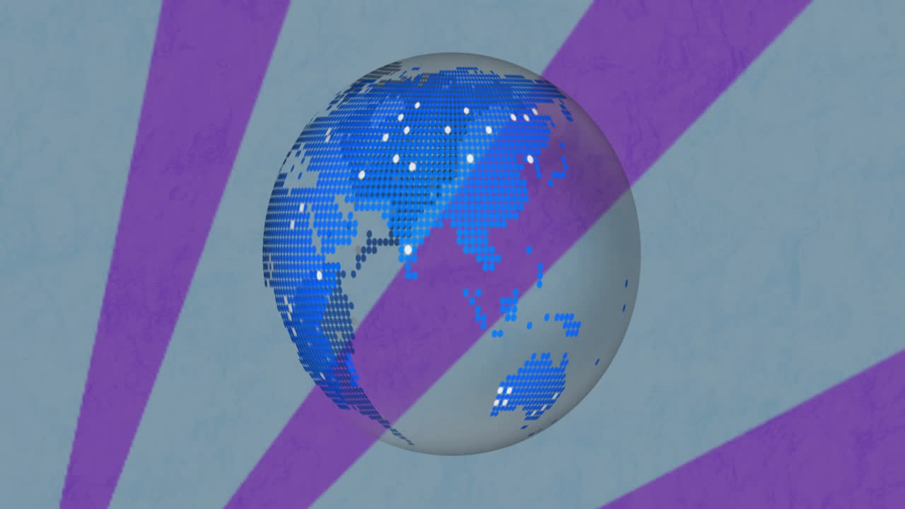 파란 점과 보라색 선으로 회전하는 디지털 글로브 애니메이션