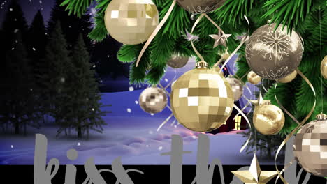 animación del árbol de navidad con decoraciones sobre el paisaje de invierno.