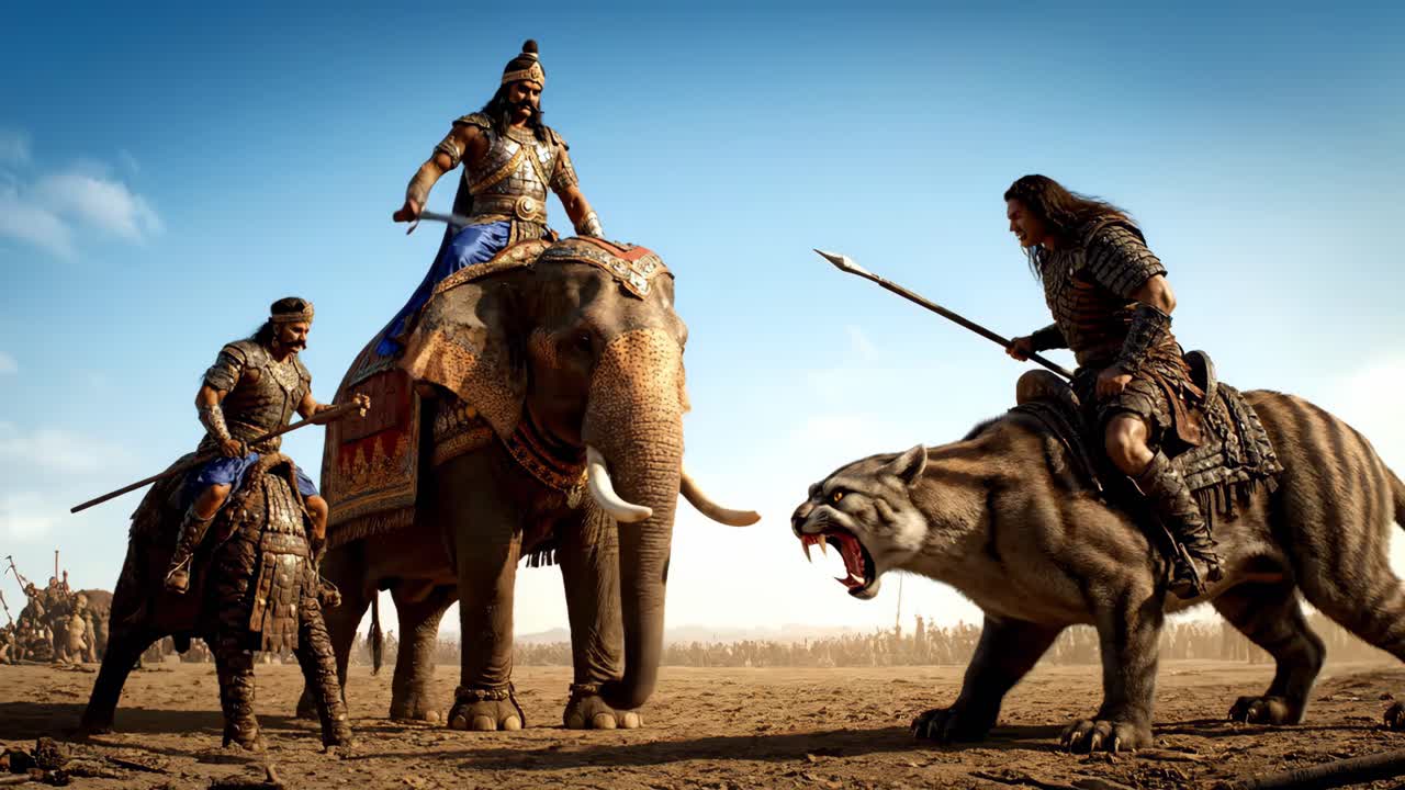 Ancient Warriors on Elephant and Tiger in Battle