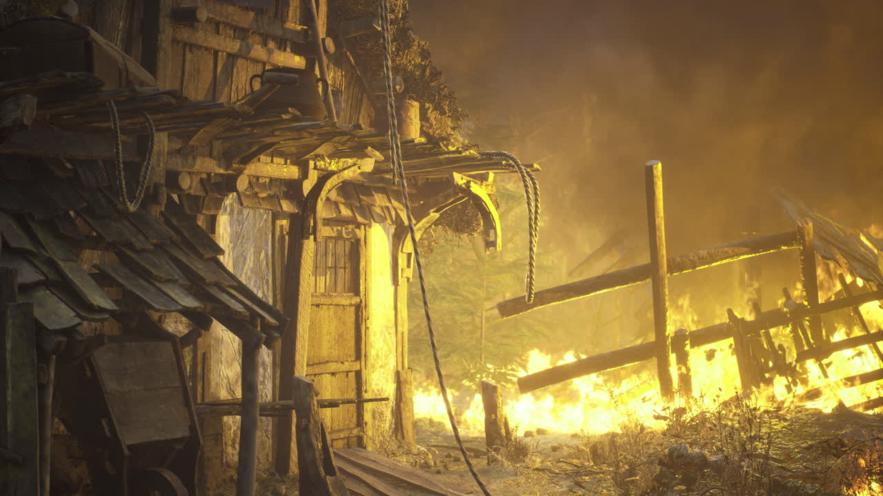 Burning remnants of an abandoned cabin in a forest at dusk