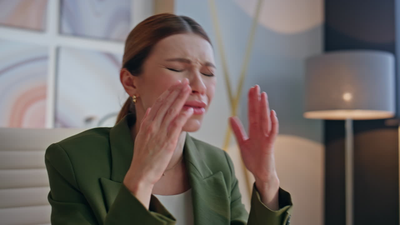 Lady hand tapping laptop touchpad at office desk closeup. Employee job fail