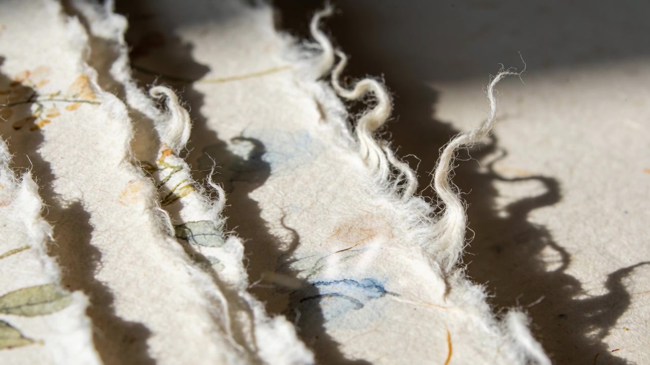 Telecamera che riprende in primo piano fogli di carta strappati su un tavolo nella stanza, con il sole che filtra e mostra la trama delle fibre.