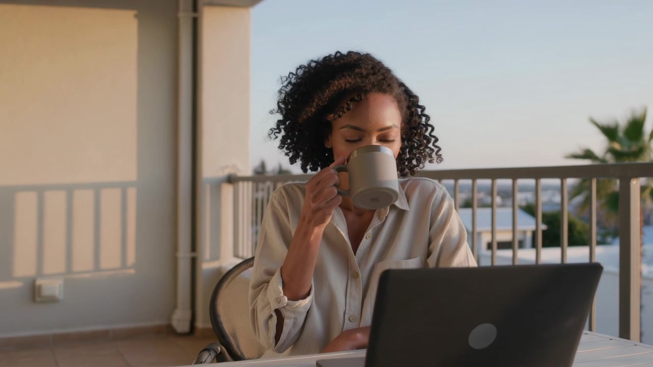 Sipping worker in light shirt lifting mug and checking laptop on balcony, warm light drawing focus