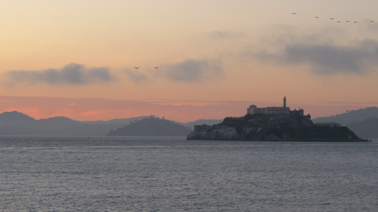 Birds fly over Alcatraz prison island at golden hour, panorama