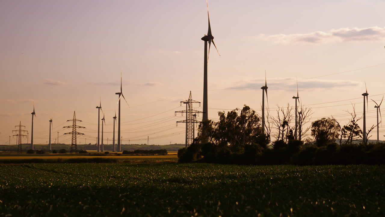 Plenty of windmills near the electric power lines in the fields. Low angle view at the windfarm at sunset time.