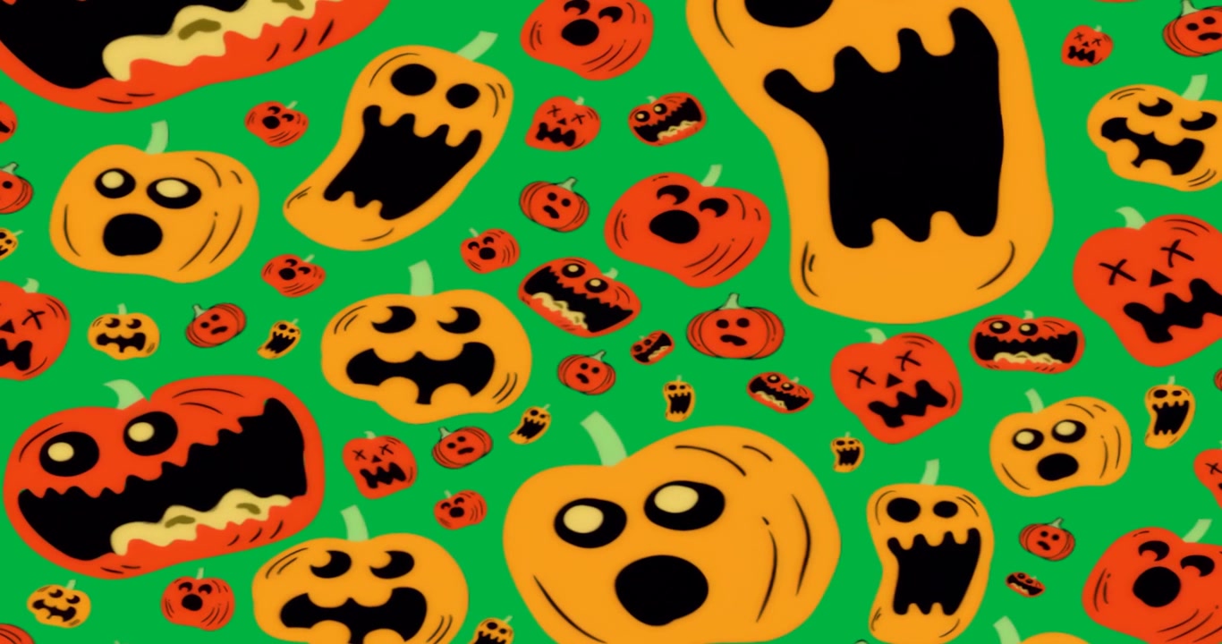 Zucche animate che fluttuano su sfondo trasparente, con volti di jack-o'-lantern per l'arte di Halloween.
