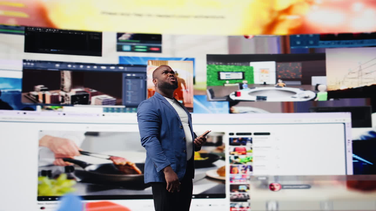 African american expert exploring tech driven environment with visual data