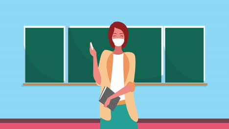 코로나19에 대한 의료 마스크를 착용한 여성 교사와 칠판