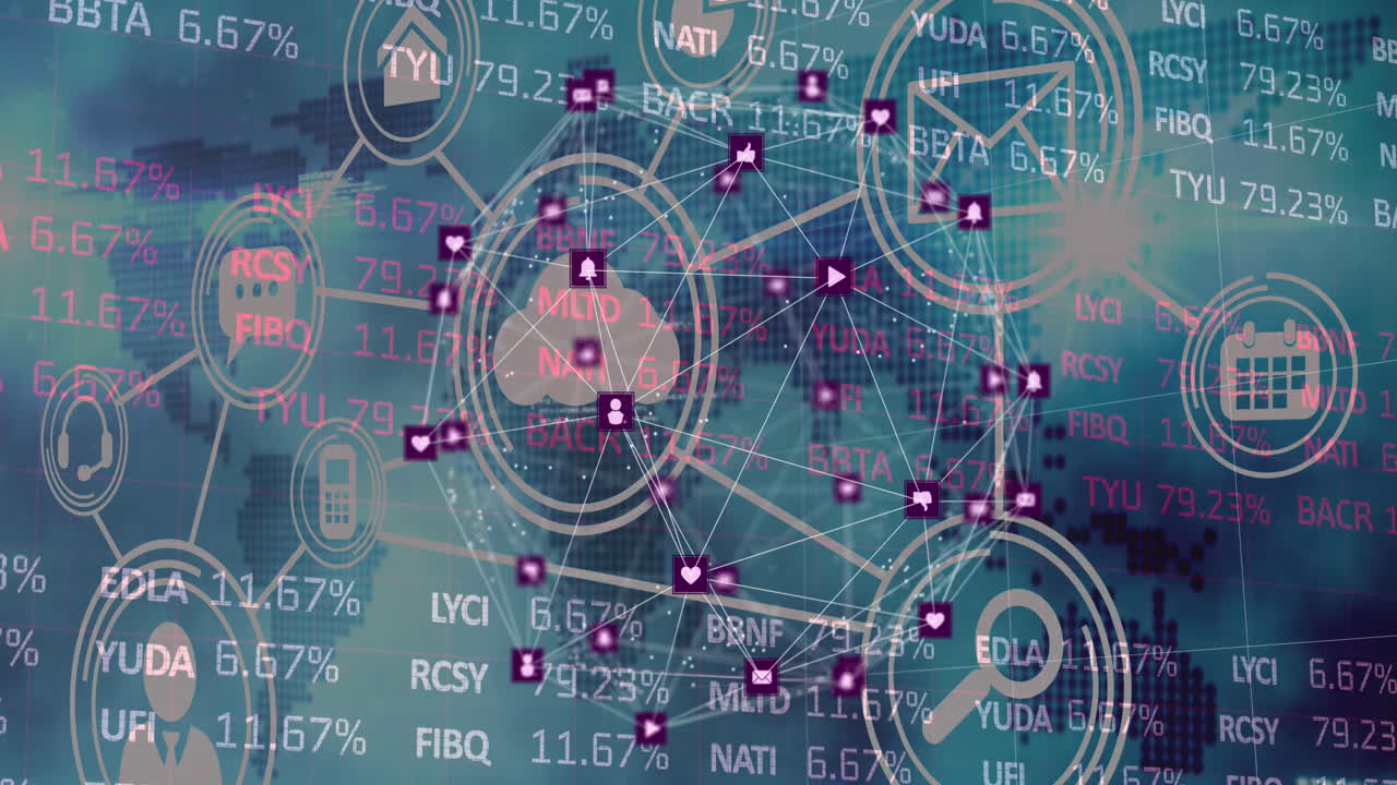 연결 네트워크의 디지털 구성 아이콘은 주식 시장 데이터 처리에 맞서 움직입니다.
