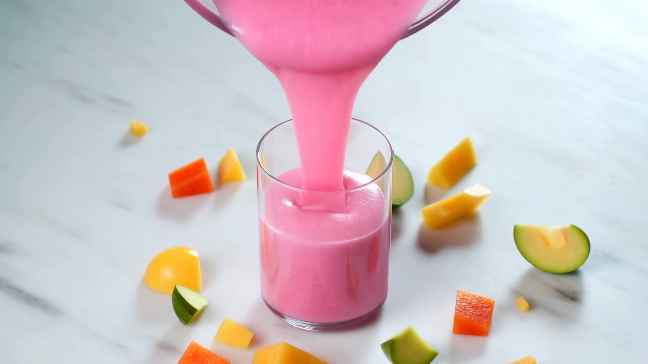 Frullato rosa cremoso si versa in un bicchiere cilindrico trasparente, formando un nastro lucido e una liscia pozza vorticosa accanto a pezzi di frutta sparsi su una superficie di marmo sotto una luce morbida da studio