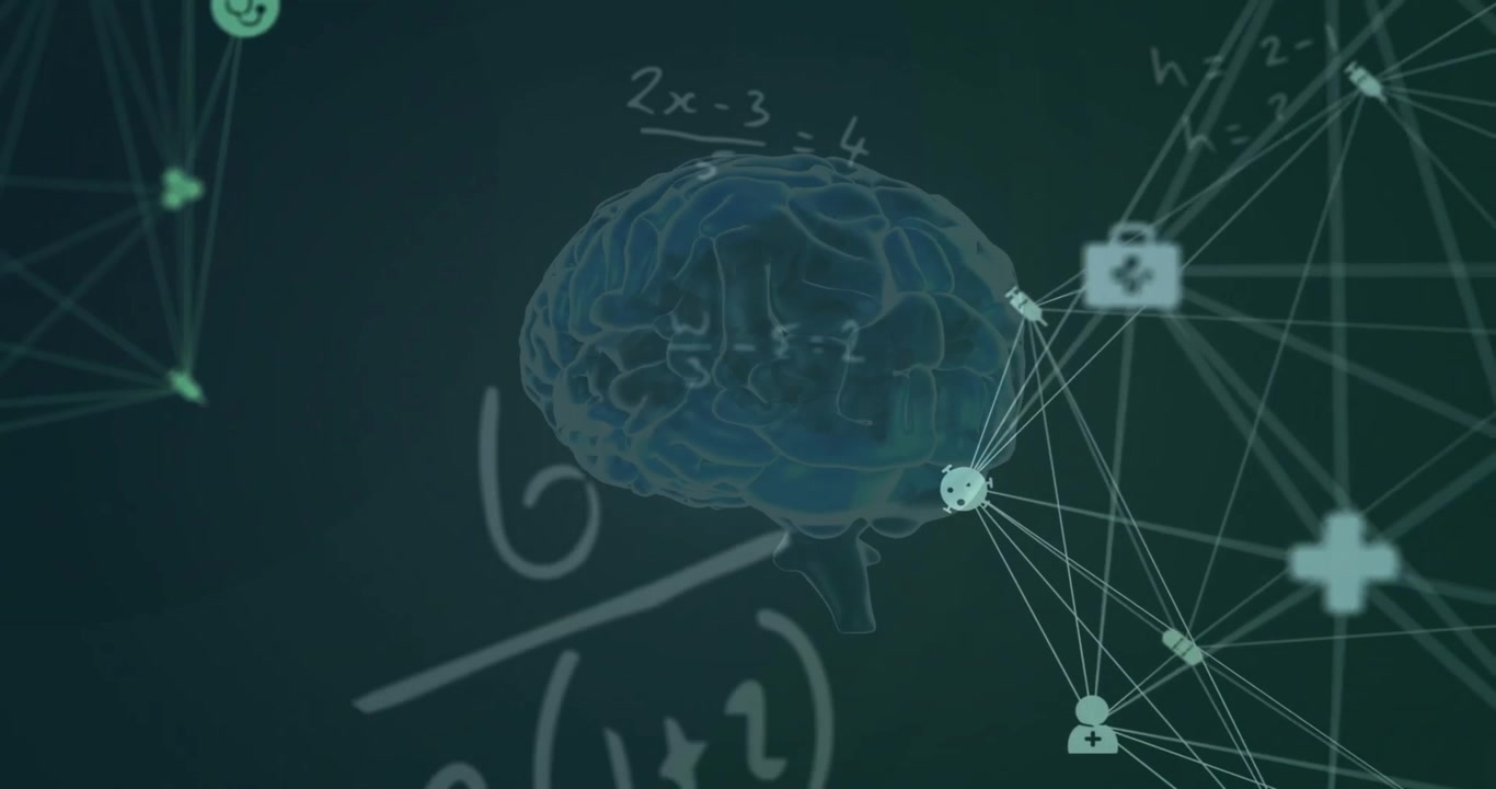 Animazione di elaborazione di dati matematici sopra un cervello umano e un globo con connessioni