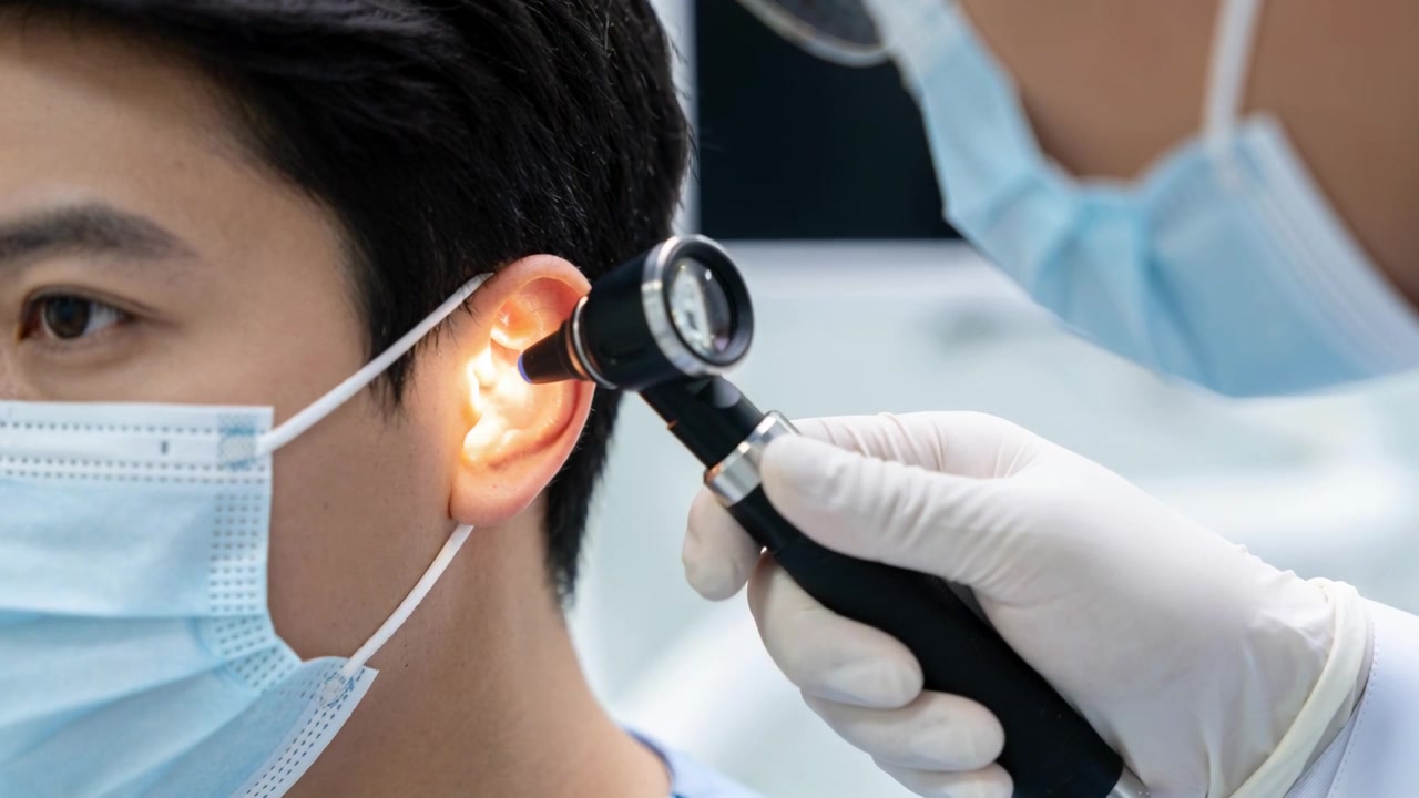 Otoscopio che si avvicina a un paziente mascherato in clinica, medico che ispeziona l'orecchio destro con i guanti, spazio per il testo