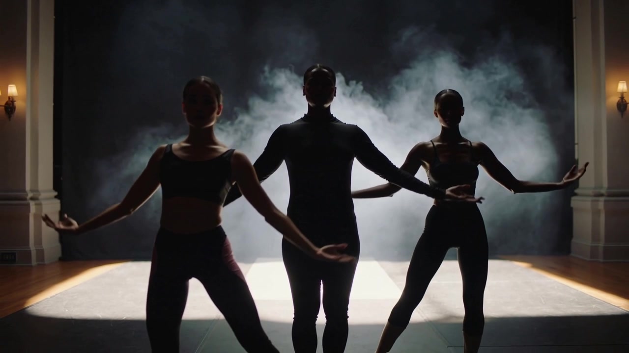 Beginnende danser leidt trio dat optreedt op houten vloer in grote zaal met mist in tegenlicht, in maillots.