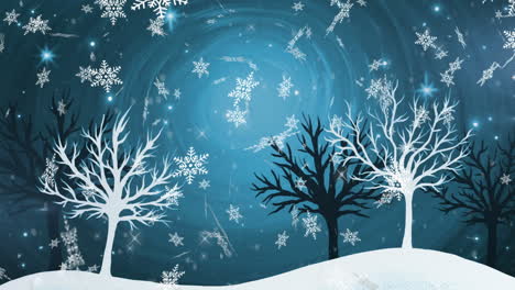 animation of snow falling over trees on glowing blue background