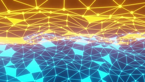 animación bucle formas geométricas de triángulos en forma de ondas de hilos de neón azul y amarillo. estilo plexus 3d renderización abstracción.