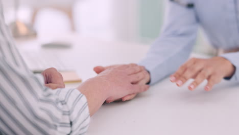 comfort, holding hands and doctor with patient