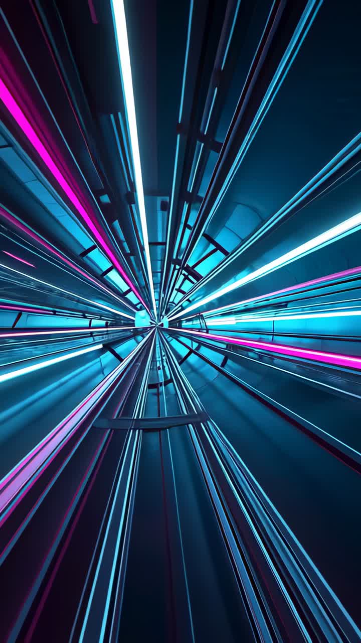 Vertical video: Starting corridor view, camera advancing in neon tunnel, with metal rails and LEDs