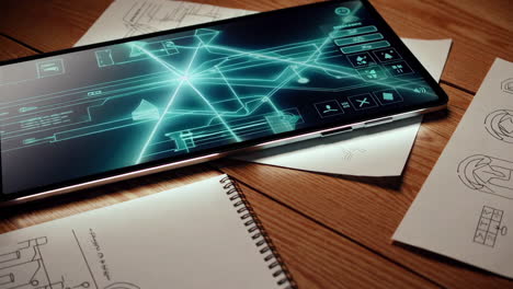 tablet with futuristic interface and design plans