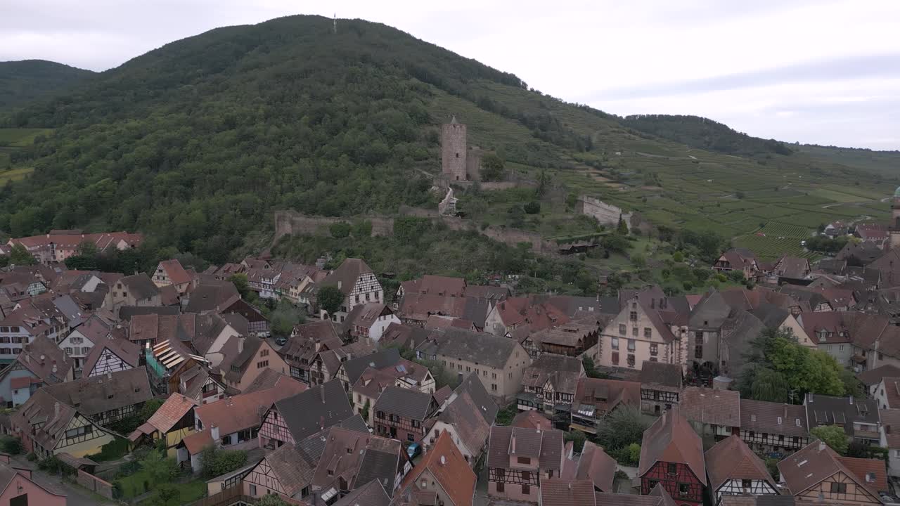 Aerial view of a traditional Alsatian village nestled at the foot of a lush green hillside, with charming timber-framed houses and a medieval hilltop castle overlooking the vineyards
