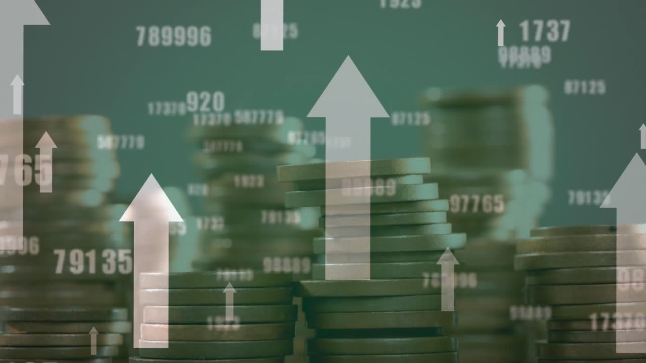 animación de flechas y números sobre la pila de monedas