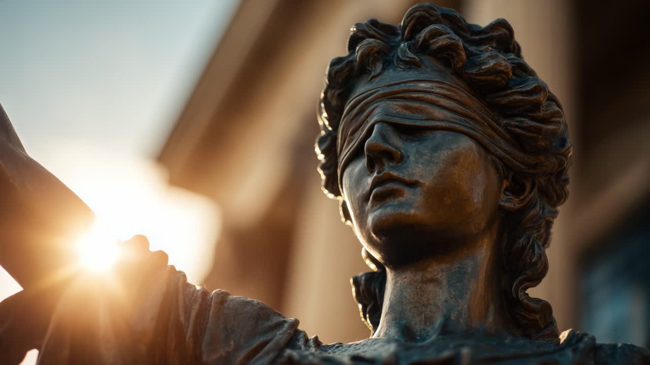 A Powerful Representation of Justice: Capturing the Essence of Blindfolded Lady Justice Amidst a Serene Sunset Background