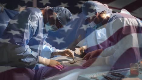 animación de la bandera de los estados unidos ondeando sobre los cirujanos en el quirófano