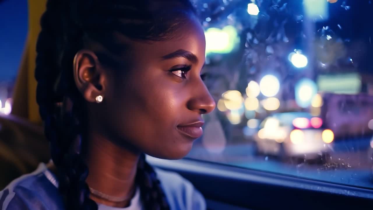 밤 에 차 창문 밖 을 바라보는 젊은 여자