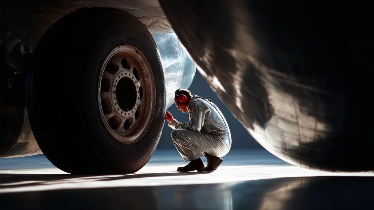 A meticulous technician examines the intricate details of an aircraft's landing gear, showcasing the blend of engineering and human expertise in aviation maintenance
