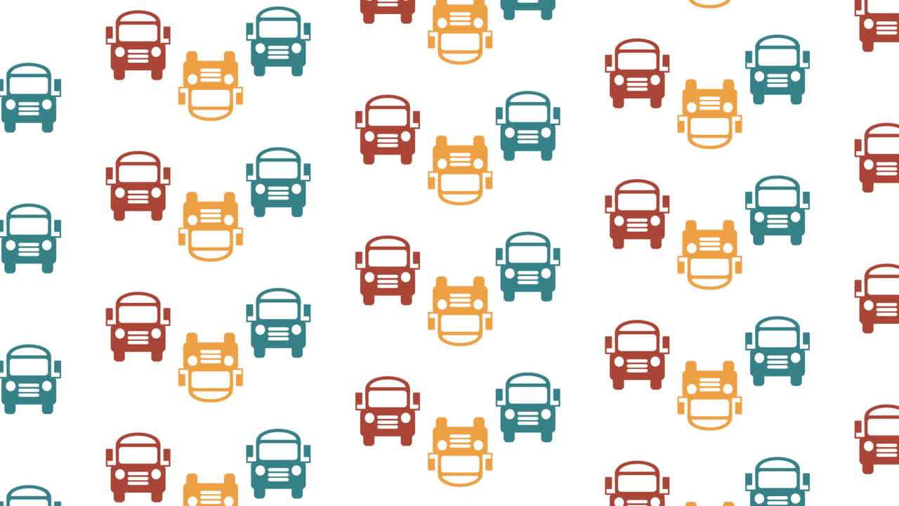 animación de iconos de autobuses escolares que se mueven sobre un fondo blanco