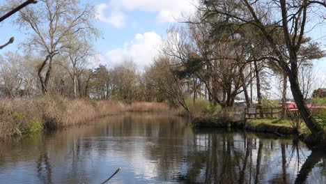 Duck-pond-at-Orford-on-the-Suffolk-coastline,-dusks-swimming-on-water