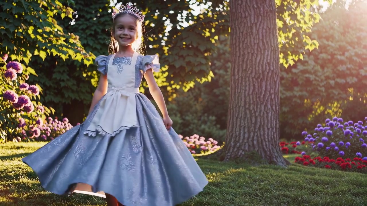 Liten jente i prinsessekostyme som snurrer rundt i en solfylt hage