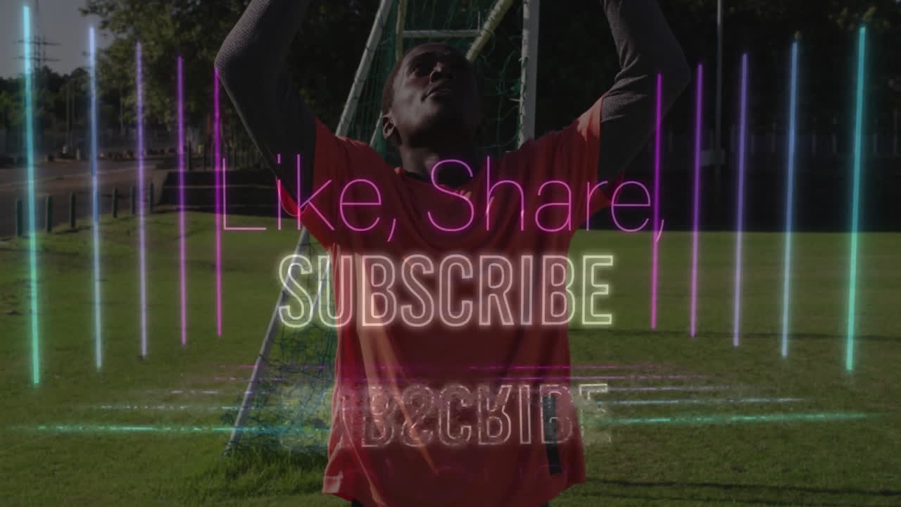 On field, person in sports attire with animation of Like, Share, Subscribe text