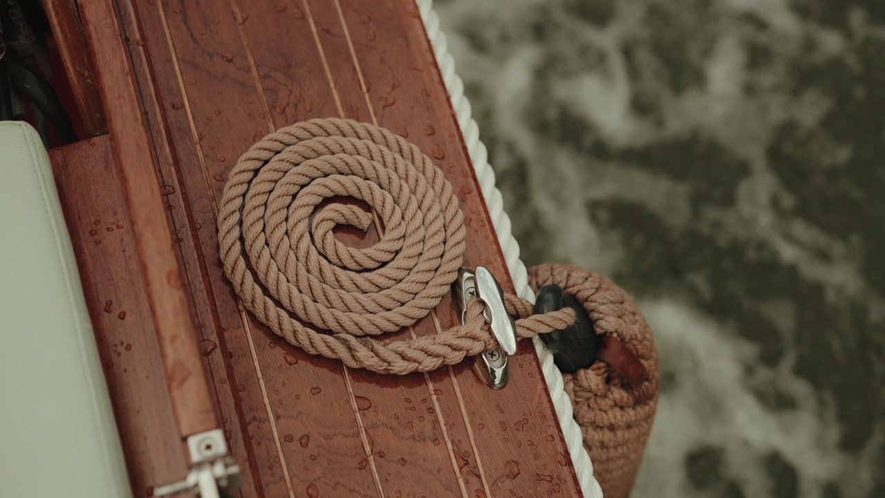 Grossa corda di canapa naturale avvolta a spirale su un ponte di barca in legno verniciato, fissata a una bitta cromata.