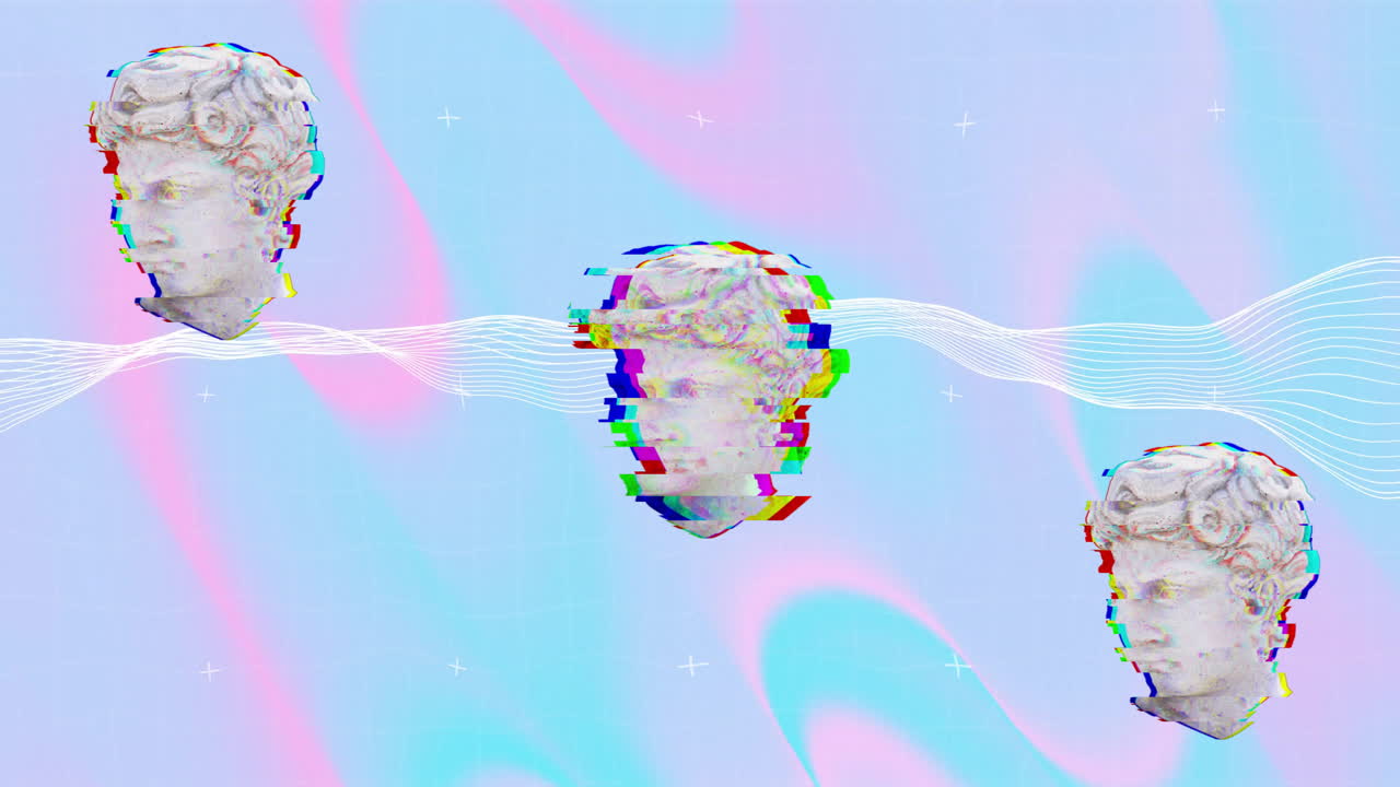 Animation of ancient sculpture heads moving over waving multi coloured background