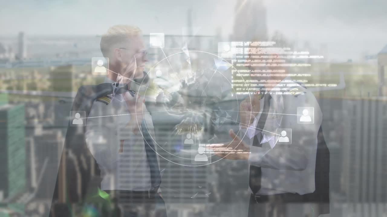 2人の白人のパイロットが空港の滑走路で話し合っている