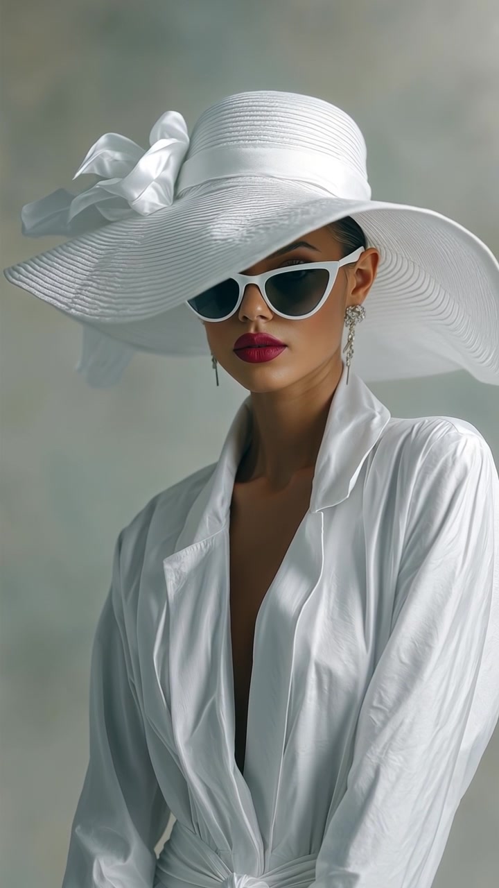 Elegant woman in a white wide-brimmed hat and sunglasses wearing a white robe