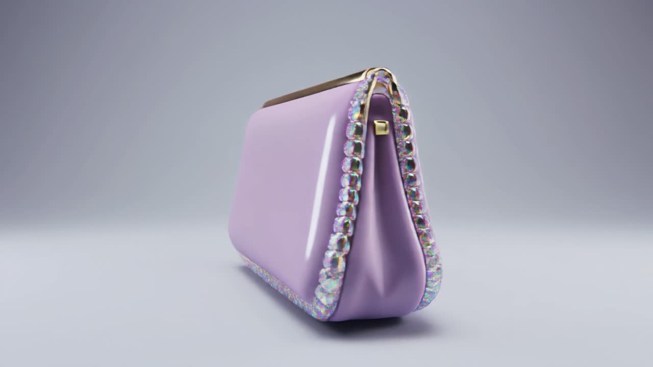 Tyylikäs purppuranvärinen clutch-laukku kultaisella lukolla ja kimaltavilla korukivillä