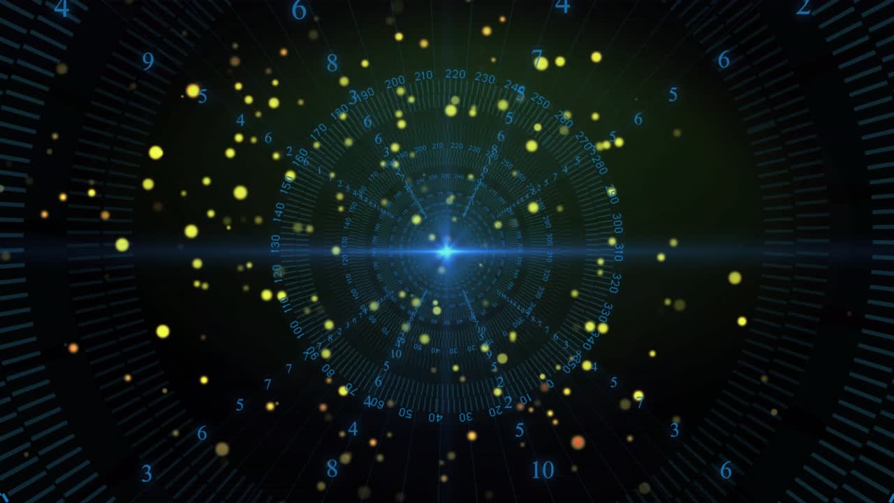 Center blue hub emitting yellow dots, flare forming numbered tick ring, rotating, settling HUD