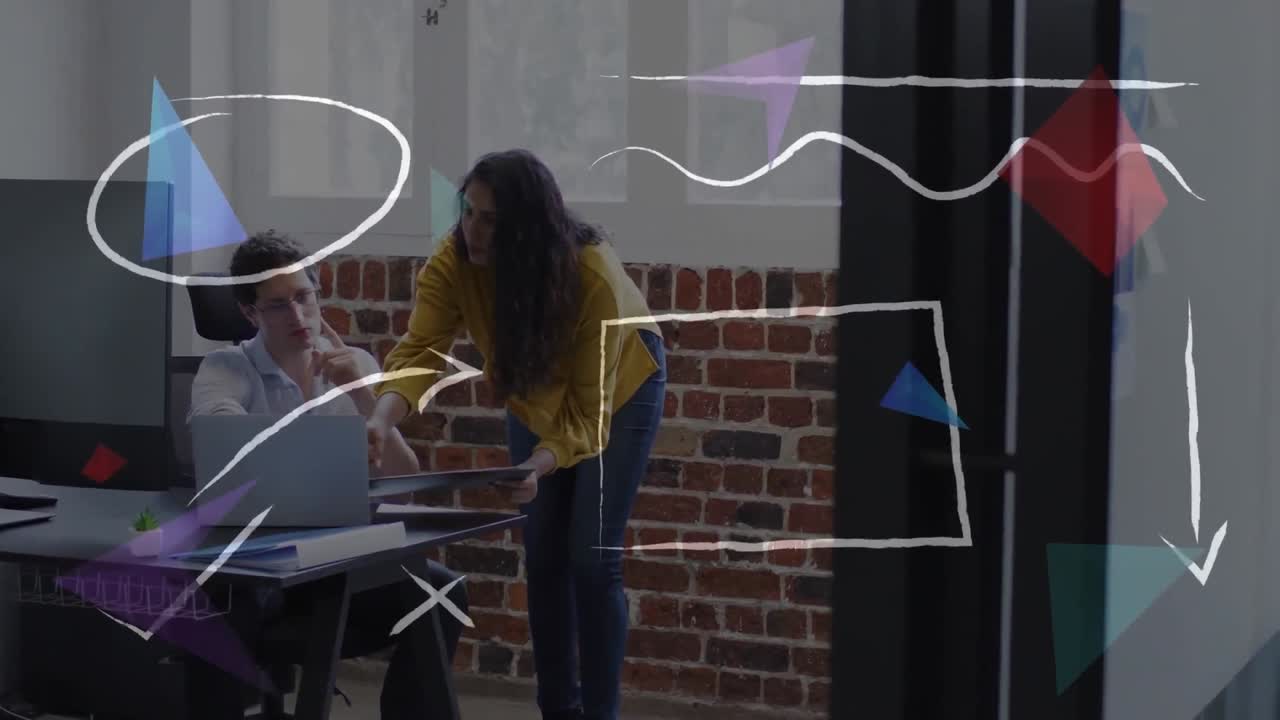 animación de formas sobre personas de negocios que trabajan en la oficina