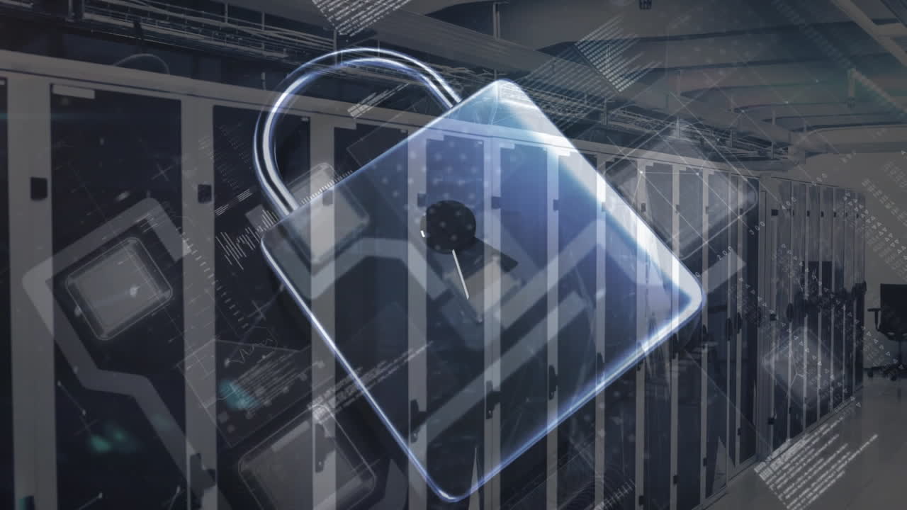 Animation of digital padlock and data processing over computer servers