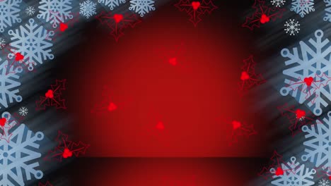 Animation-of-snowflakes-pattern-over-holly-falling-on-red-background