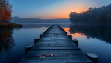 sunrise or sunset over a misty lake with wooden pier