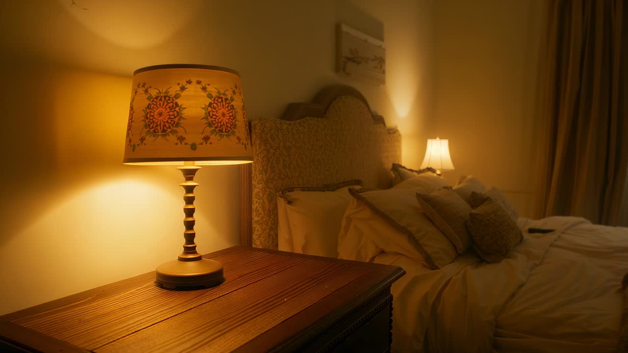Emitting patterned glow from decorative table lamp across bedroom, with remote control, copy space