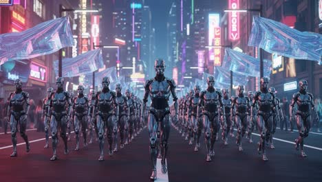 a futuristic robotic parade: a spectacle of advanced machines marching in unison through a neon-lit cityscape with glowing advertisements and high-tech surroundings