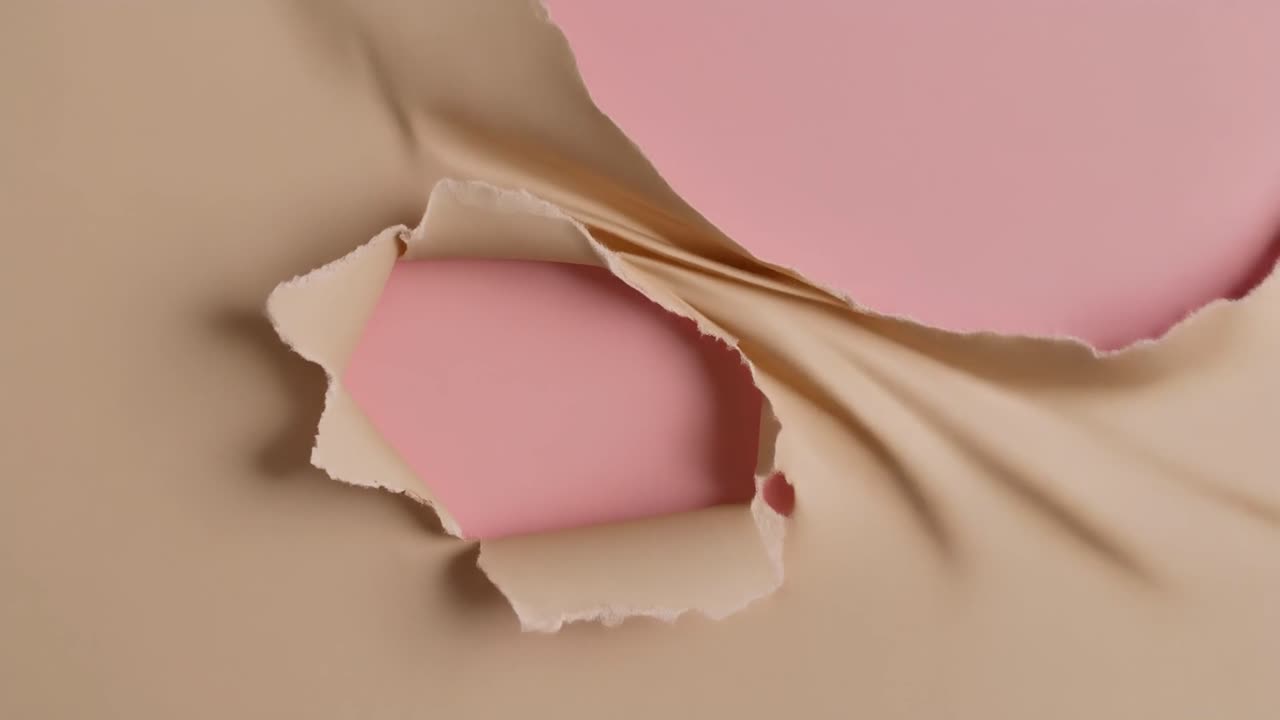 Papel beige rasgándose para revelar un fondo rosa.