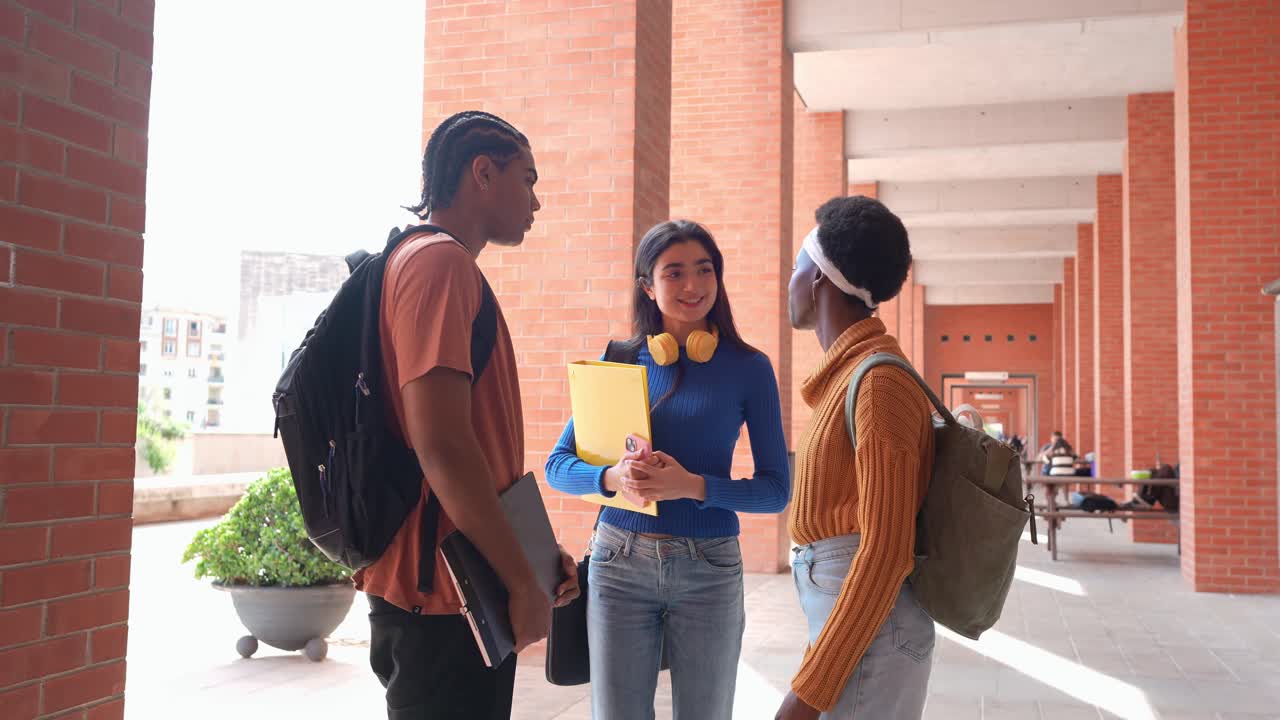 Gruppo eterogeneo di studenti che parlano nel campus universitario