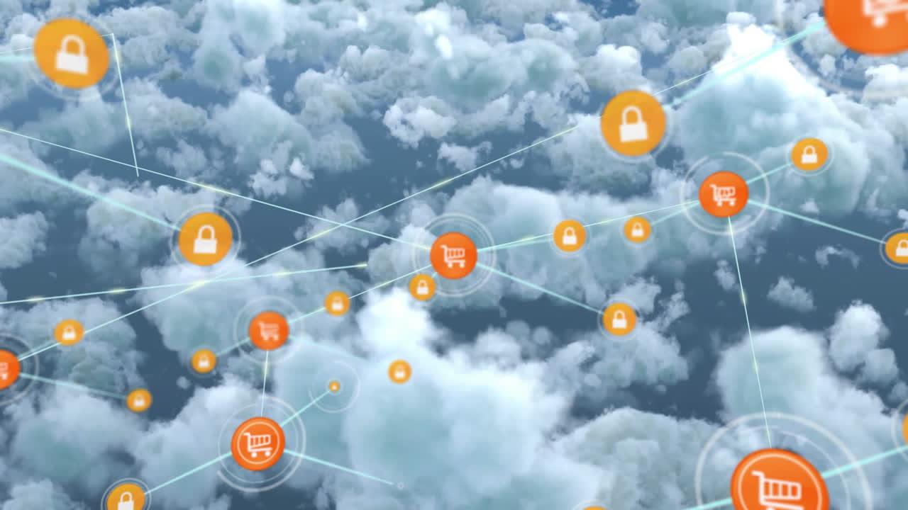 animación de la red de conexiones con iconos sobre nubes