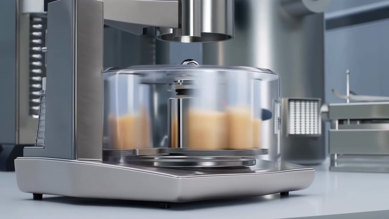 Close-up of a modern stainless steel processing machine on a clean factory floor, featuring a transparent rotating chamber, surrounding metal components,