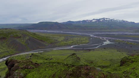 the landscape of thorsmork in highland of iceland from drone aerial view.